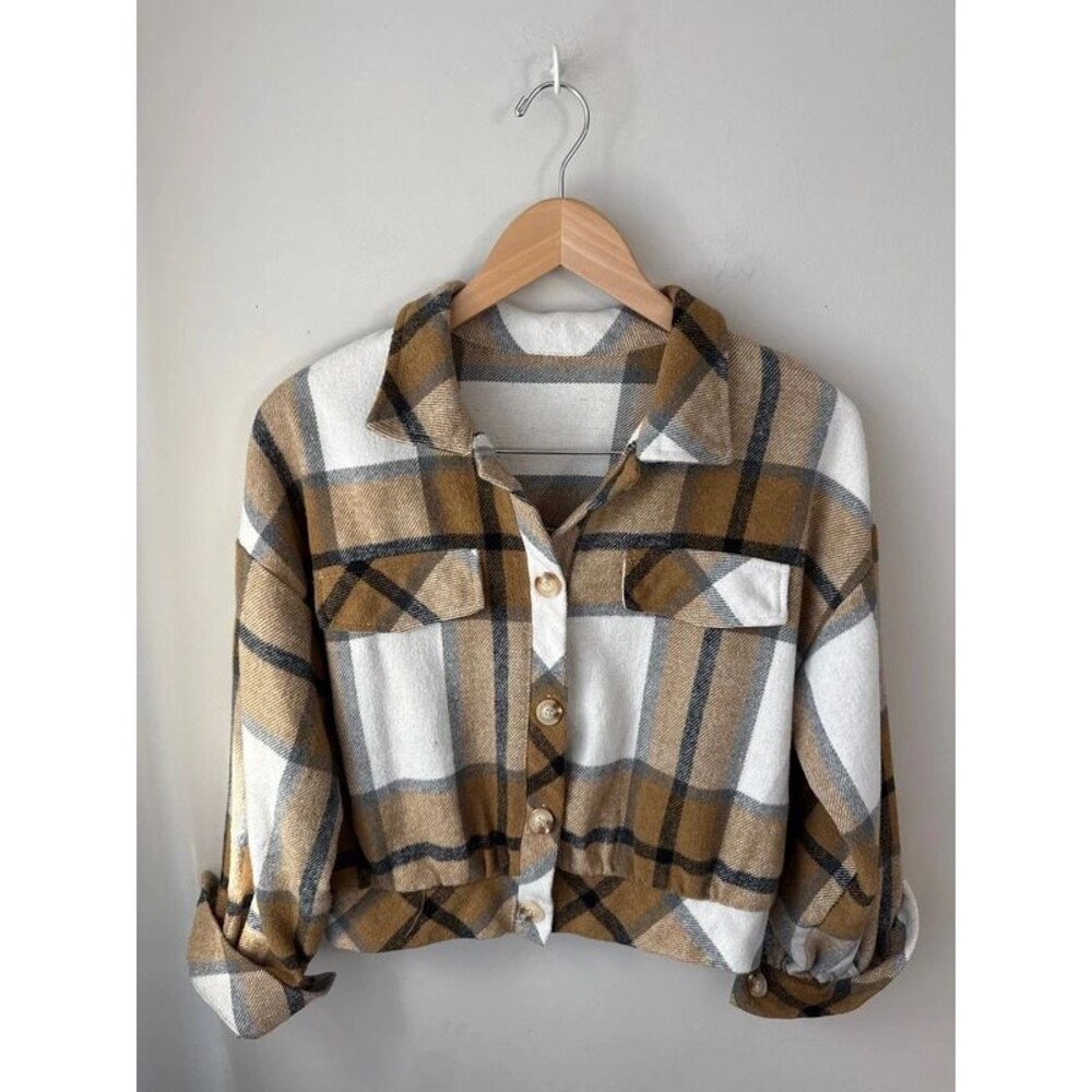 Tan White Plaid Cropped Shacket Small